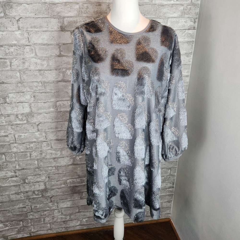 Hutch Anthropologie Dress Heart Metallic Eyelash Fringe Blue Silver Whimsical M